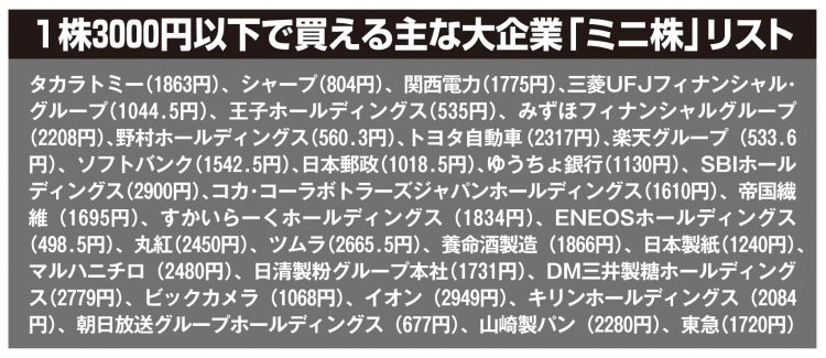 1株3000円以下で買える主な大企業「ミニ株」リスト