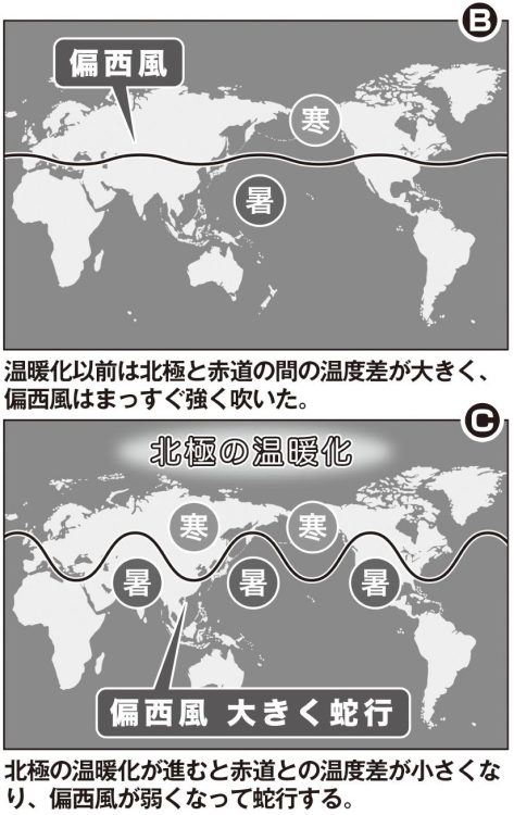 温暖化以前は北極と赤道の間の温度差が大きく、偏西風はまっすぐ強く吹いた（図B）。北極の温暖化が進むと赤道との温度差が小さくなり、偏西風が弱くなって蛇行する（図C）