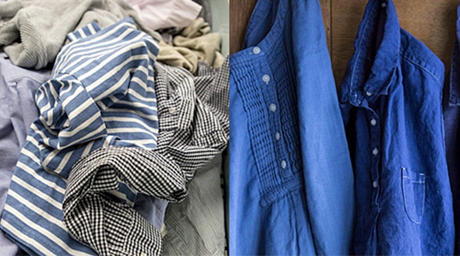 【無印良品】ReMUJIの「染めなおした服」は、洗浄後（左）、藍色や黒色に染められる