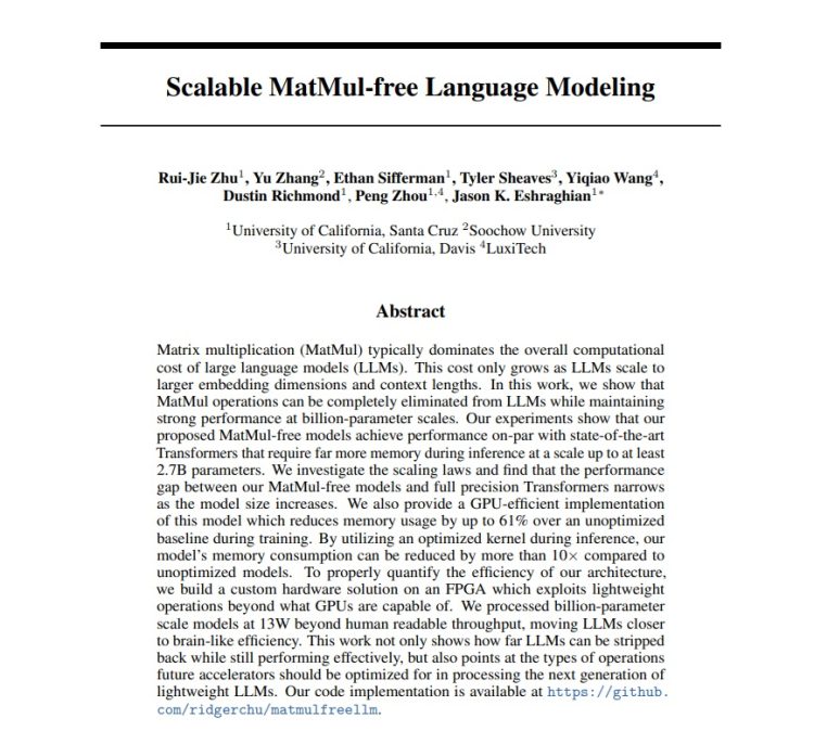 6月4日に発表された論文〈Scalable MatMul-free Language Modeling〉