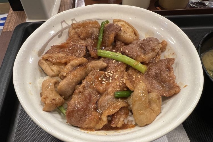 松屋の「カルビホルモン丼」。コチュジャンを使ったタレに絡んだカルビ肉、ホルモン、にんにくの芽がごはんにのっている