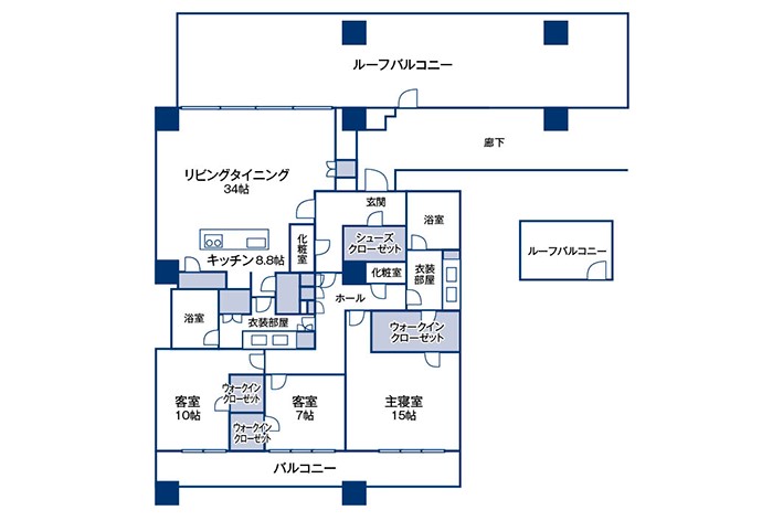 ルーフバルコニーが広々。三田ガーデンヒルズの約200平米・4LDKの間取り