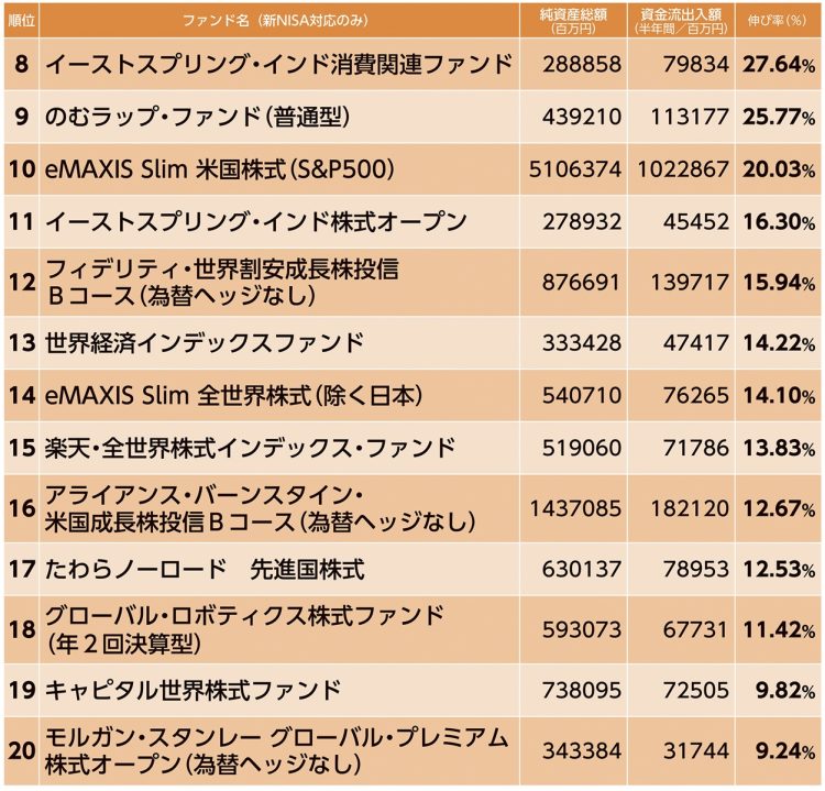 「純資産総額」伸び率ランキング（2024年1～6月／その2）