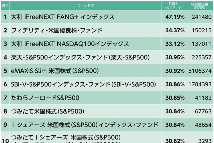 運用実績ランキング（2024年1～6月）※「みんかぶ」の「つみたてNISA利回りランキング（新NISAつみたて投資枠）」をもとに本誌作成