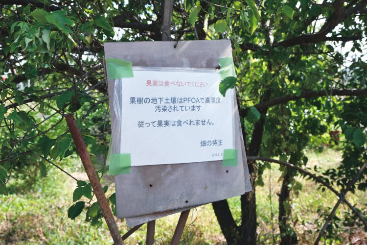 井戸と隣接する果樹園には「果実は食べないでください」の張り紙