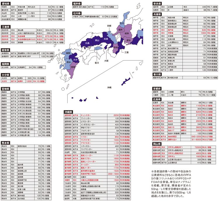 PFAS全国汚染マップ（奈良県～沖縄県）