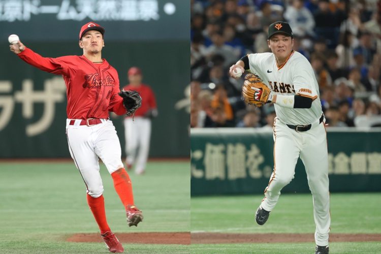 守備の達人たちの“年俸と成績”を検証（左から広島・矢野雅哉、巨人・坂本勇人／時事通信フォト）