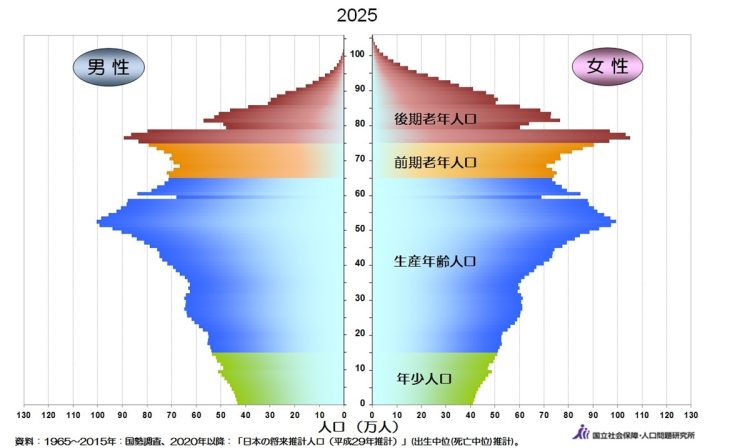 2025年の人口ピラミッド。丙午生まれ（今年59歳）の部分が大きく凹んでいる（国立社会保障・人口問題研究所ホームページより）